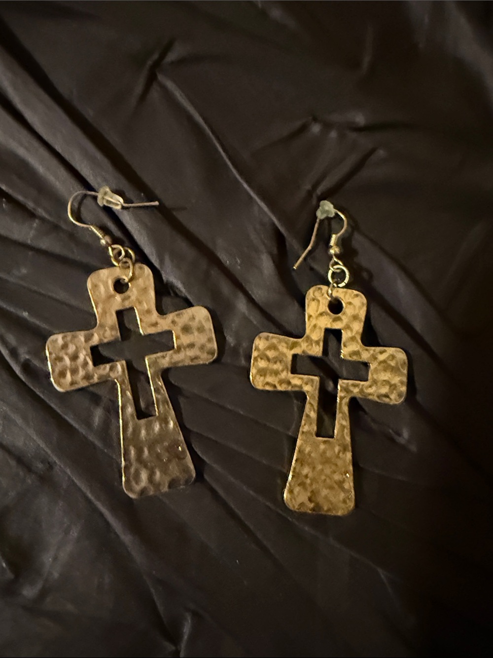 Hammered Gold Cross Drop Earrings - Women Jewelry
